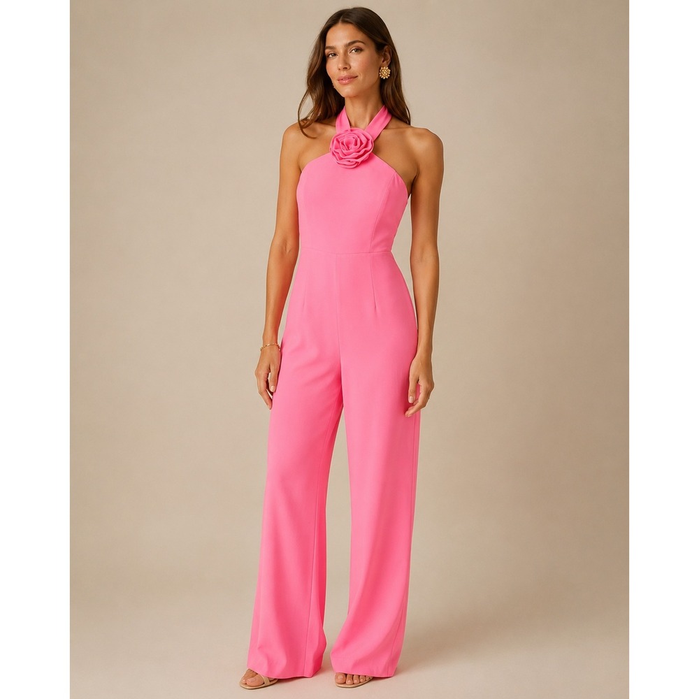 Lilly Pulitzer Pink Rosette Halter Jumpsuit Wide Leg Formal Event Pockets Sz 00